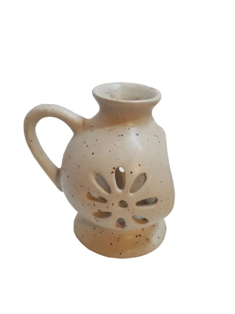 Vintage Brown Speckled Pottery Chamber Candle Holder Rustic Farmhouse Stoneware